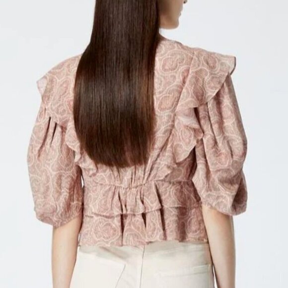 The Kooples Boho Silk Blend Crop Top Womens Pink Short Puff Sleeve V Neck Ruffle - Picture 5 of 7